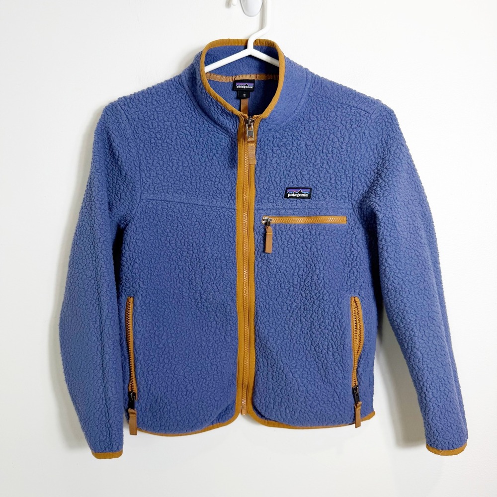 Patagonia Retro Pile Fleece Jacket Kids Medium 10 Blue Tan Full Zip Outdoor